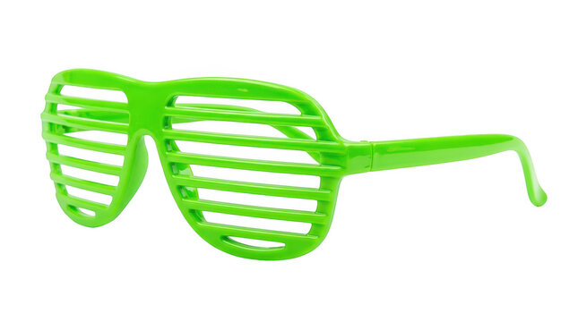 Bright neon green shutter sunglasses with horizontal slits, isolated on transparent background