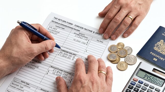 Commercial concept representing declaration of income earned from overseas employment.