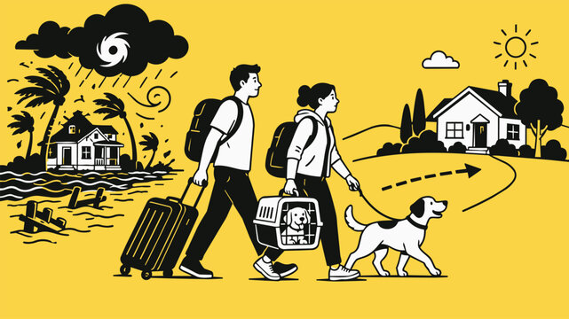 Illustration of a family migrating with luggage and a dog from a storm-damaged home toward safety, symbolizing climate migration and displacement.