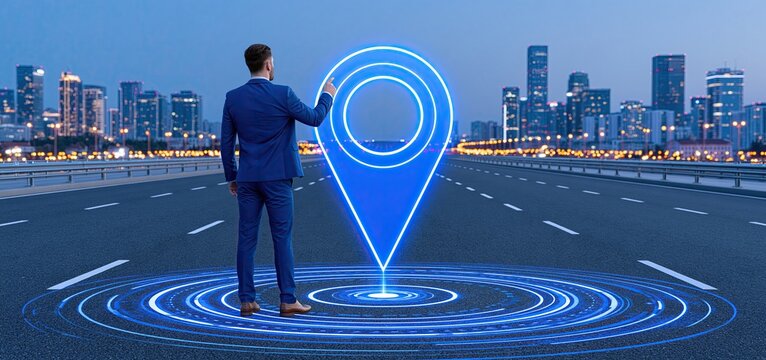 A professional selects a glowing waypoint beside a futuristic digital highway representing innovation and strategic leadership.