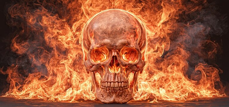 Glowing-eyed fiery skull enveloped in swirling smoke on a dark background, creating a chilling Halloween ambiance.