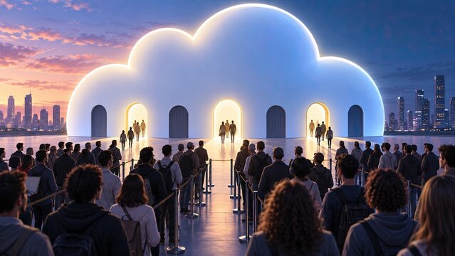 Crowd waiting in line outside a glowing cloud-shaped building, symbolizing an AI waitlist and gradual rollout in a futuristic city.
