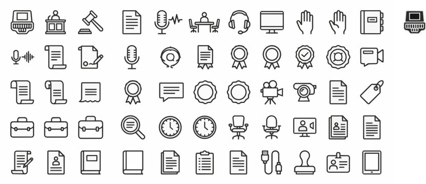 Set of office and business line icons with fifty seven on transparent background Editable Stroke.