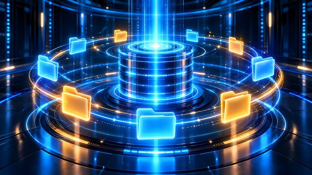Glowing digital folders orbiting central database core representing secure data storage and information management system