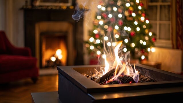 Cozy Christmas Scene with Fireplace and Fire Pit
