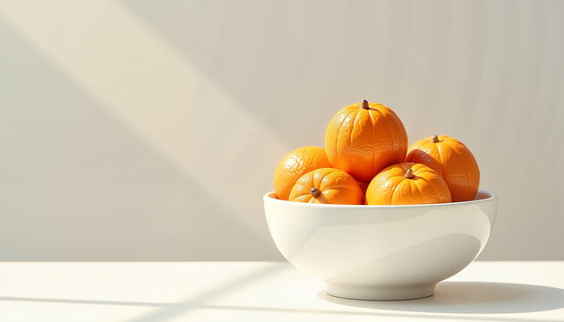 decorative bowl filled with small orange pumpkins on a white surface with soft lighting, perfect for autumn-themed decor or seasonal celebrations