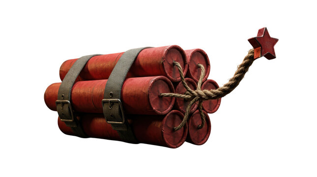 Dynamic bundle of red dynamite sticks with fuse isolated on white isolated on transparent background