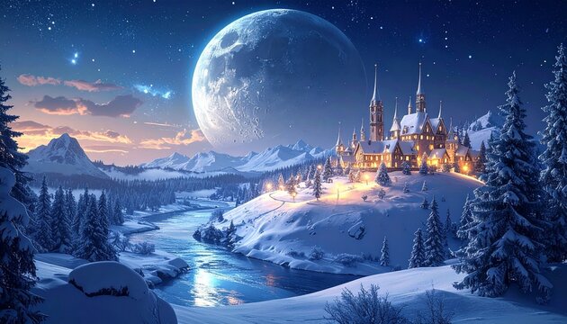 winter landscape with snow and moon