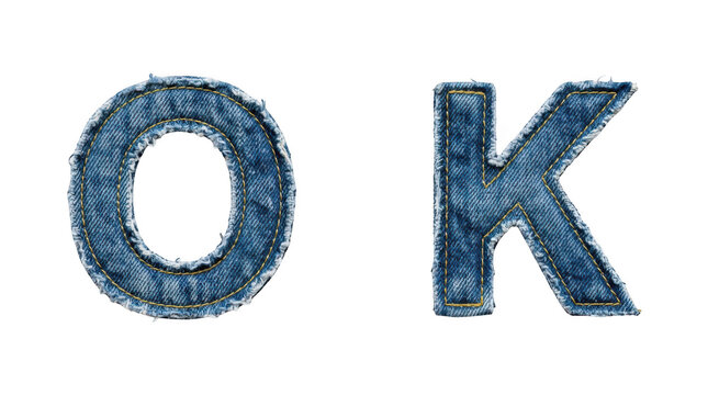 Letters o and k made of denim fabric with frayed edges and yellow stitching isolated on transparent background
