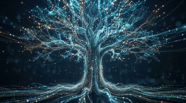 Abstract digital data tree made of glowing fiber optic lines and network connection nodes
