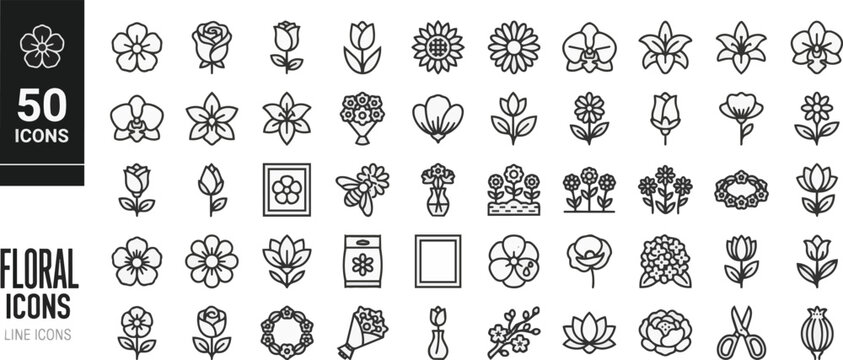 Set of fifty floral line icons with icons on transparent background Editable Stroke.