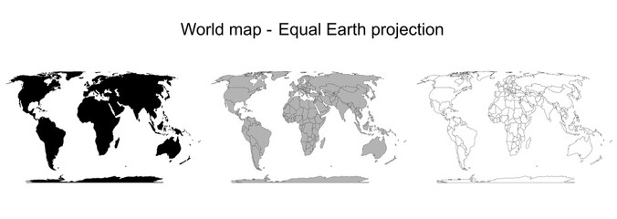 New World map_ equal earth projection design isolated on transparent background. In flat silhouette, individual countries, outline styles © Neo