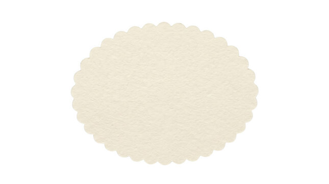 A blank cream colored oval scalloped edge paper label tag for product branding or gift messaging presented as an isolated object on transparent background isolated on transparent background