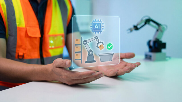 AI robotic picking automation concept, worker in hi vis vest presenting robot arm moving box from shelf to bin with ai chip checkmark and robotic arm in background for smart warehouse