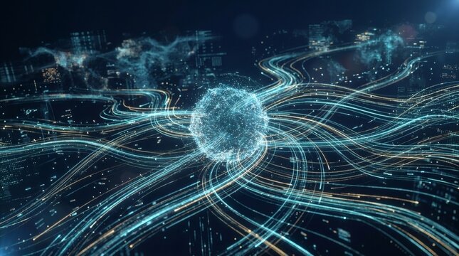 Central digital sphere node distributing glowing network data lines across smart city infrastructure