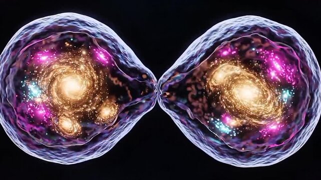 Cell Division Animation Containing Glowing Galaxies and Universe Inside