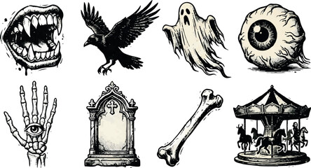 Obraz premium A collection of eight separate vintage gothic Halloween objects arranged together with clear spacing: a monstrous mouth with sharp fangs, a black crow with spread wings, a floating ghost, a giant eyeb