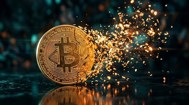 Shattering Golden Digital Currency Coin Representing Cryptocurrency Market Volatility and Financial Asset Collapse Conceptual Image