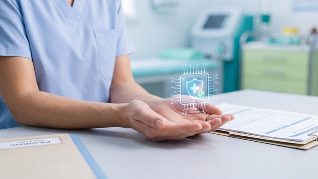 Healthcare data security concept, nurse presenting medical shield chip with checkmark over patient records and forms in clinic for patient data protection, hipaa compliance and medical privacy