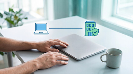 Fototapeta premium Remote work VPN security concept, employee with closed laptop and coffee mug at home connected to company office building with shield checkmark for safe remote access and business data protection