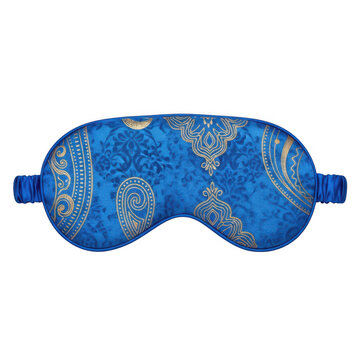 Blue silk sleep mask with gold decorative pattern isolated on transparent background