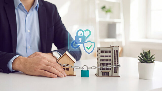 Property protection and mortgage collateral concept, businessman with house and apartment building models chained with shield checkmark for asset protection, property lien and home insurance