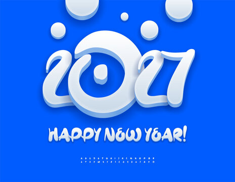 Vector Artistic Greeting Card Happy New Year 2027! Icy White 3D Font. Funny set of Handwritten Cool Alphabet Letters and Numbers.