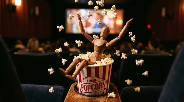 Wooden mannequin sitting in a popcorn bucket with flying popcorn pieces inside a dark movie theater cinema hall