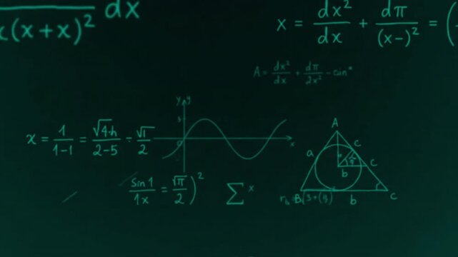 Complex mathematics concept displayed on green chalkboard. Ideal for educational materials, web articles, presentations, and scientific publications. Great for stem.