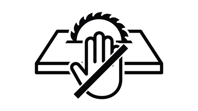 Black and white table saw safety warning icon showing restricted hand placement clearly