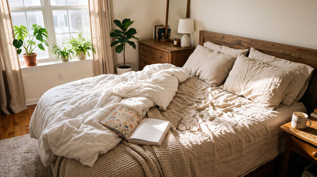Cozy bedroom interior with unmade bed open book morning sunlight