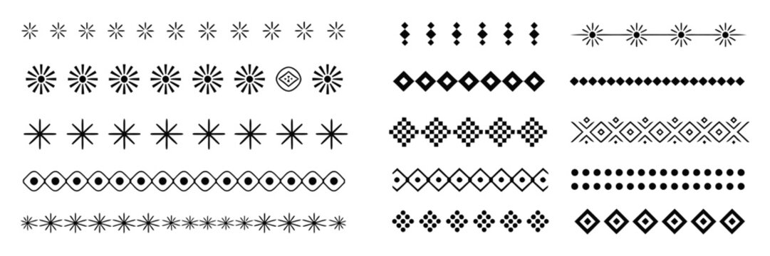 Aztec and Mayan ethnic ornaments tribal dividers, borders, delimiters, vignettes, and separators with vector geometric patterns, rank titles, and decorative graphic elements.