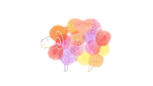 干支の未と梅の花の手描き水彩イラスト（ひつじ・羊・お正月・新春・年賀状・和風・カラフル・あしらい）
Zodiac sheep and plum blossoms hand-drawn watercolor illustration (ram, new year, japanese style, colorful, element)