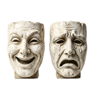Classic theatrical comedy and tragedy masks with realistic weathered stone texture and cracks, symbolizing the dual nature of drama and performance, isolated on a transparent background.
