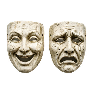 Ancient Greek theatrical masks of comedy and tragedy with aged stone texture and realistic cracks, classic drama symbols isolated on a transparent background for performing arts design.