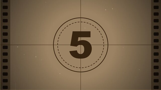 Sepia vintage film leader countdown timer rolling through retro cinema projector, old movie dust scratches, analog nostalgia motion, historic documentary production, classic video presentations