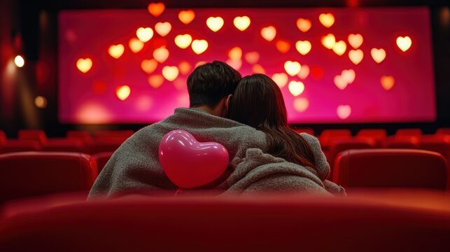 Young romantic loving couple kissing on the red chair in Cinema, relationships and lifestyle concept,bokeh pink heart in cinema,romantic spending time together,Relaxation movie concept.