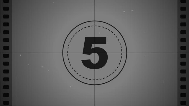 Classic vintage film leader countdown timer moving from ten to one, retro cinema projector aesthetics, old movie dust scratches, analog glitch motion, historic documentary video presentations