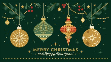 Obraz premium Christmas ornaments hanging on a dark green background