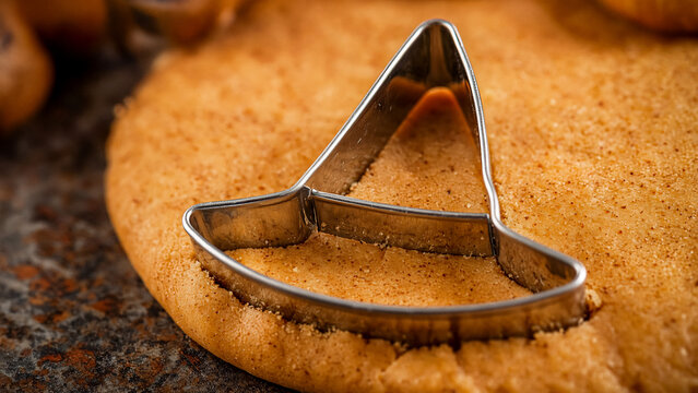 A silver witch hat cookie cutter cuts a gingerbread cookie. Warm tones dominate.