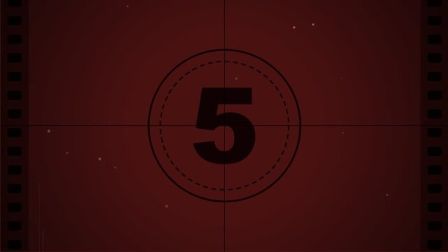 Dark grunge film leader countdown timer rolling across scary horror projector, old movie dust scratches, creepy analog motion, suspenseful thriller documentary, cinematic video presentations