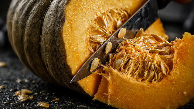 A knife slices through a vibrant pumpkin, revealing its seeds and orange flesh. Dark background.
