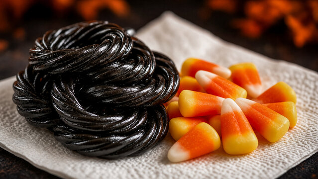 A dark licorice swirl sits beside orange candy corn on a white napkin. Halloween treats.