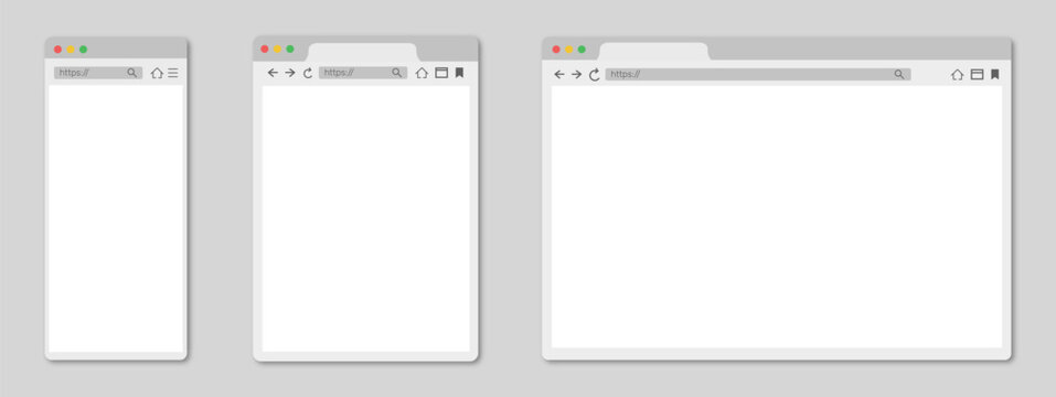 Flat vector illustration of three empty web browser frames representing mobile tablet and desktop views.