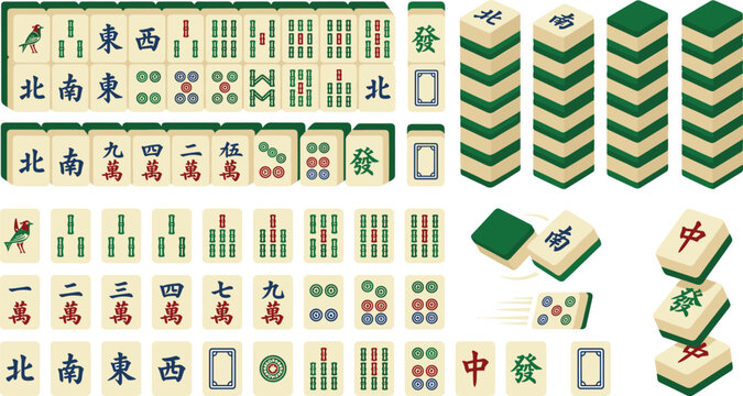 Mahjong tiles set, colorful flat vector illustration featuring traditional Chinese characters for game design