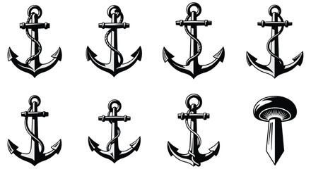 Vintage ship anchors and a mushroom illustration in black and white style © JOHIRUL_STUDIO