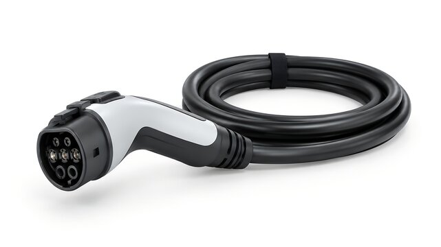  ev charging plug and coiled power cable isolated on white background