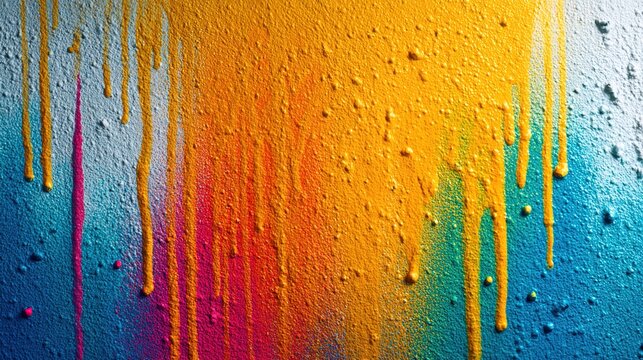 smudge. Abstract wall with vibrant paint drips and splatters, showcasing creativity and artistic expression. event programs, museum guides, designed for cultural heritage projects and event programs.