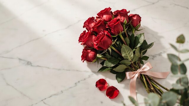 Red rose bouquet tied with pink ribbon on white marble surface for romantic valentines day gift
