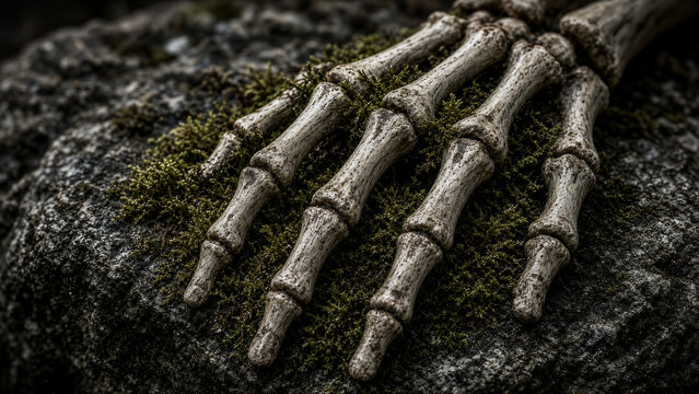 A weathered skeleton hand rests on mossy rock. It displays intricate bone texture and dark tones.